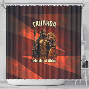 Taharqa Shower Curtain with Warrior Portrait, Lion of Kush Title and Bold Red Defender of Africa - African Pride
