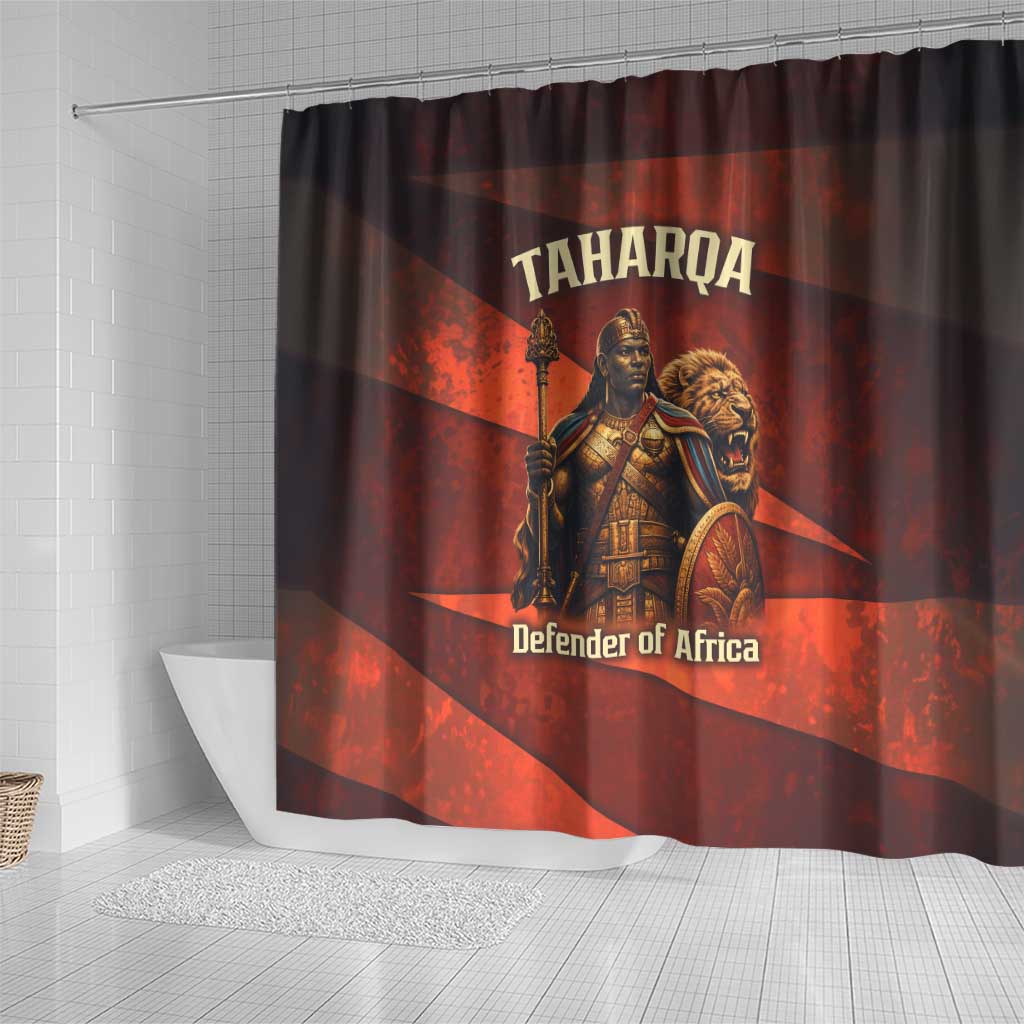 Taharqa Shower Curtain with Warrior Portrait, Lion of Kush Title and Bold Red Defender of Africa - African Pride
