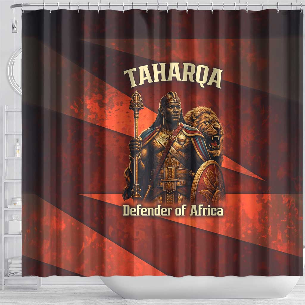 Taharqa Shower Curtain with Warrior Portrait, Lion of Kush Title and Bold Red Defender of Africa - African Pride