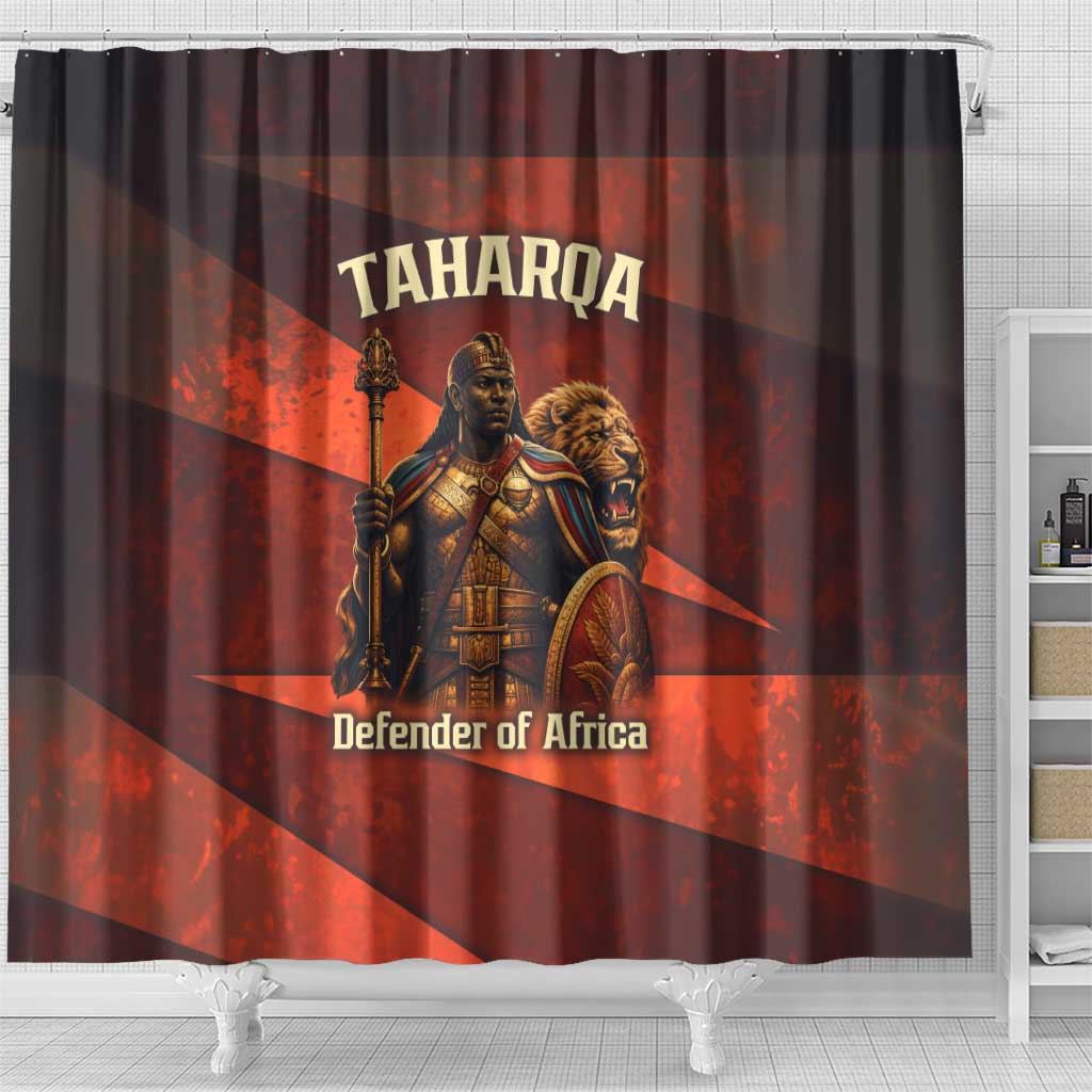 Taharqa Shower Curtain with Warrior Portrait, Lion of Kush Title and Bold Red Defender of Africa - African Pride