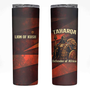 Taharqa Skinny Tumbler with Warrior Portrait, Lion of Kush Title and Bold Red Defender of Africa - African Pride