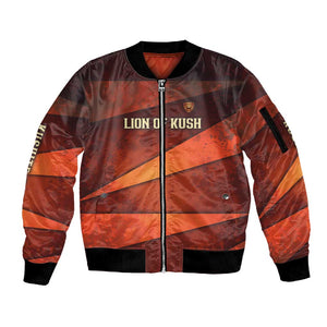 Taharqa Sleeve Zip Bomber Jacket with Warrior Portrait, Lion of Kush Title and Bold Red Defender of Africa - African Pride