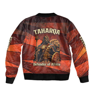 Taharqa Sleeve Zip Bomber Jacket with Warrior Portrait, Lion of Kush Title and Bold Red Defender of Africa - African Pride