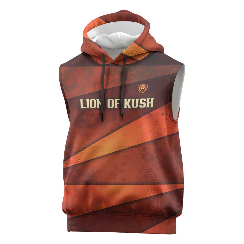 Taharqa Sleeveless Hoodie with Warrior Portrait, Lion of Kush Title and Bold Red Defender of Africa - African Pride