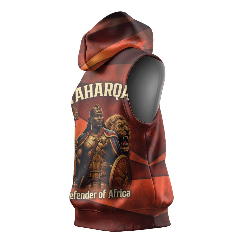 Taharqa Sleeveless Hoodie with Warrior Portrait, Lion of Kush Title and Bold Red Defender of Africa - African Pride