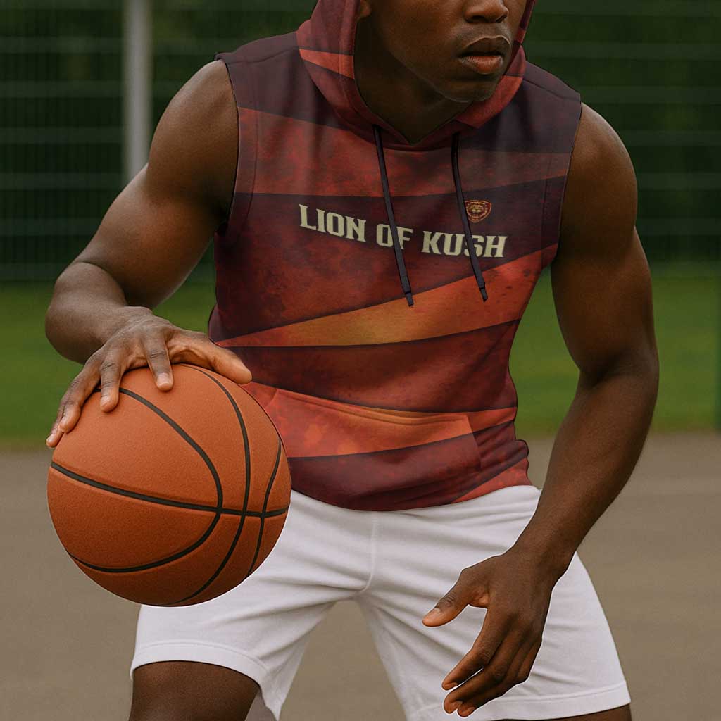 Taharqa Sleeveless Hoodie with Warrior Portrait, Lion of Kush Title and Bold Red Defender of Africa - African Pride