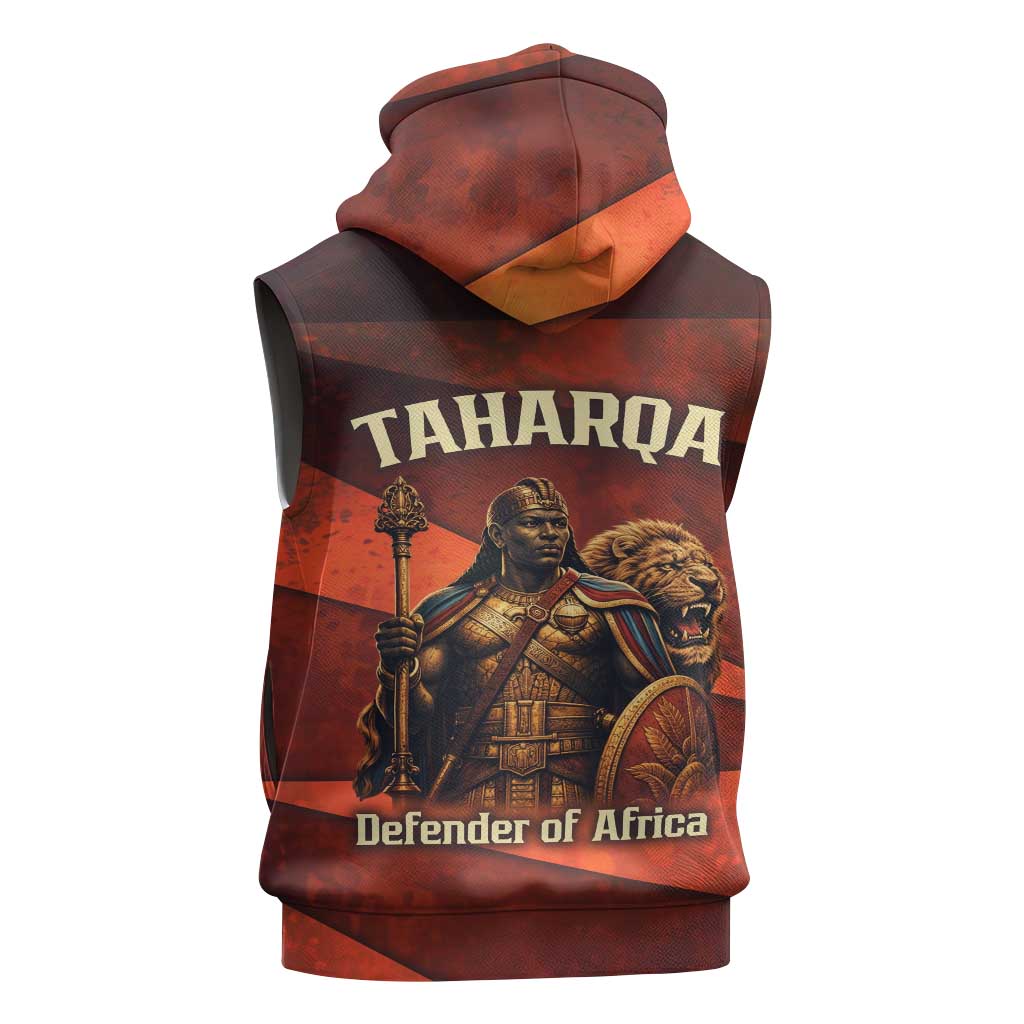 Taharqa Sleeveless Zip Hoodie with Warrior Portrait, Lion of Kush Title and Bold Red Defender of Africa - African Pride