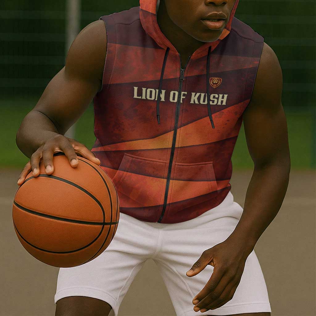 Taharqa Sleeveless Zip Hoodie with Warrior Portrait, Lion of Kush Title and Bold Red Defender of Africa - African Pride