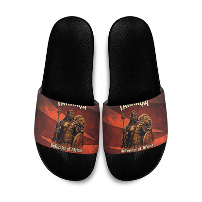 Taharqa Slide Sandals with Warrior Portrait, Lion of Kush Title and Bold Red Defender of Africa - African Pride