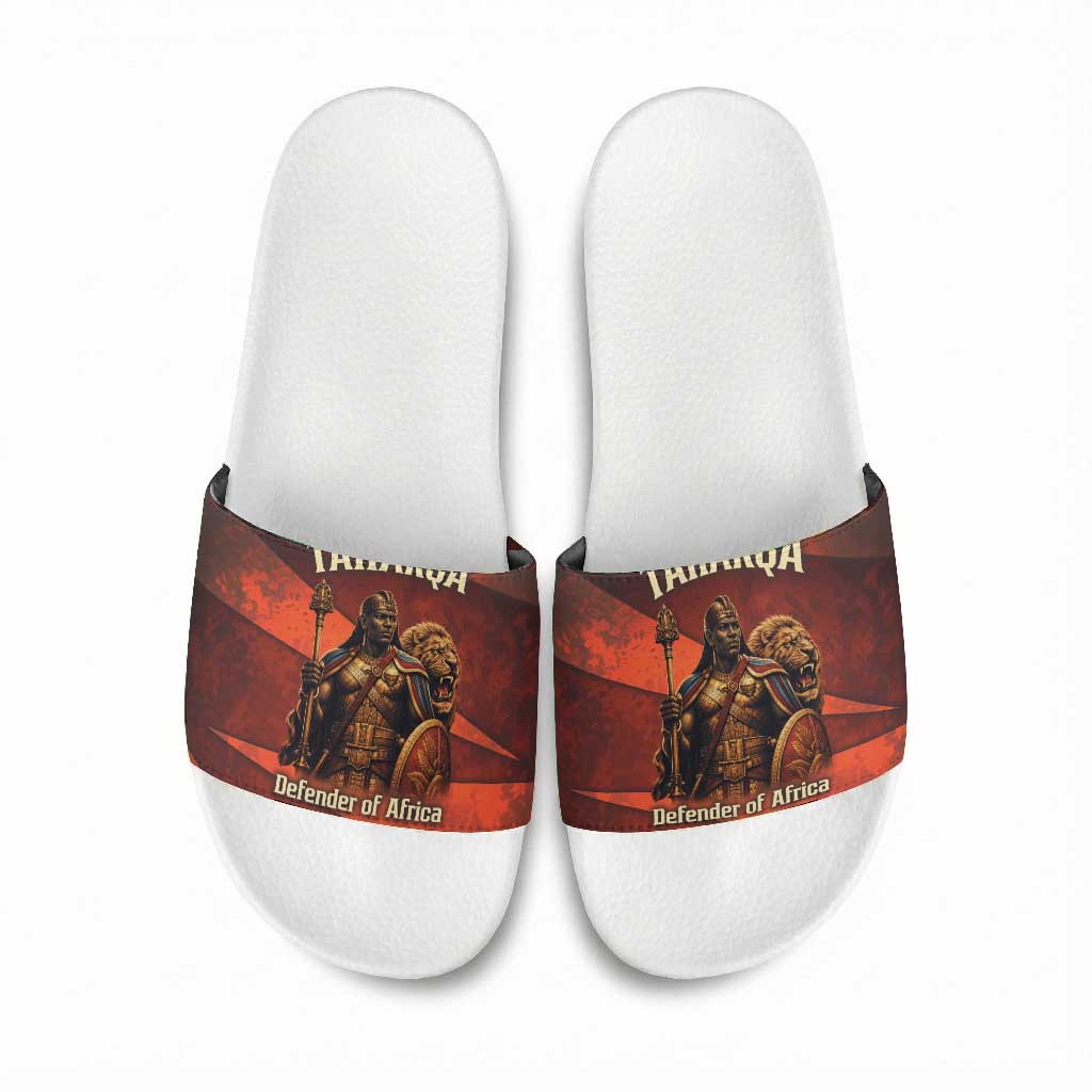 Taharqa Slide Sandals with Warrior Portrait, Lion of Kush Title and Bold Red Defender of Africa - African Pride