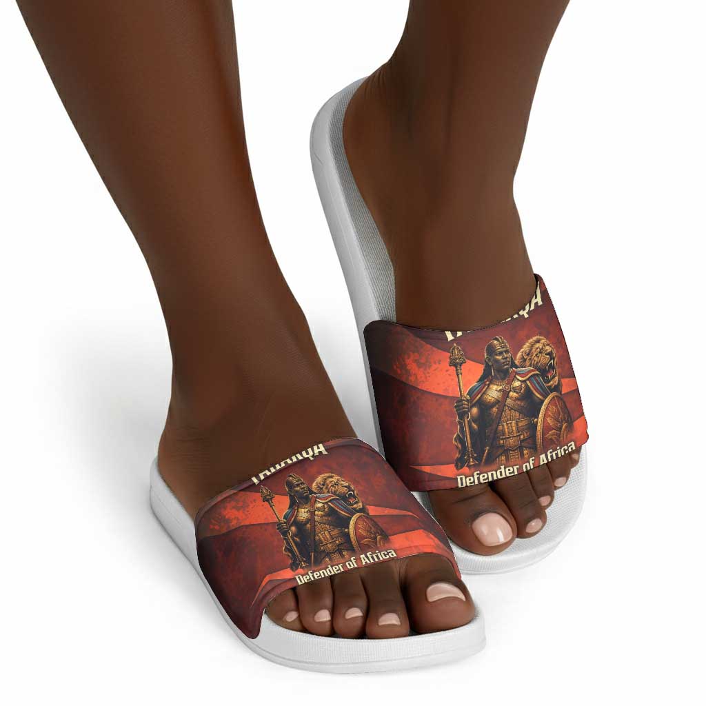 Taharqa Slide Sandals with Warrior Portrait, Lion of Kush Title and Bold Red Defender of Africa - African Pride