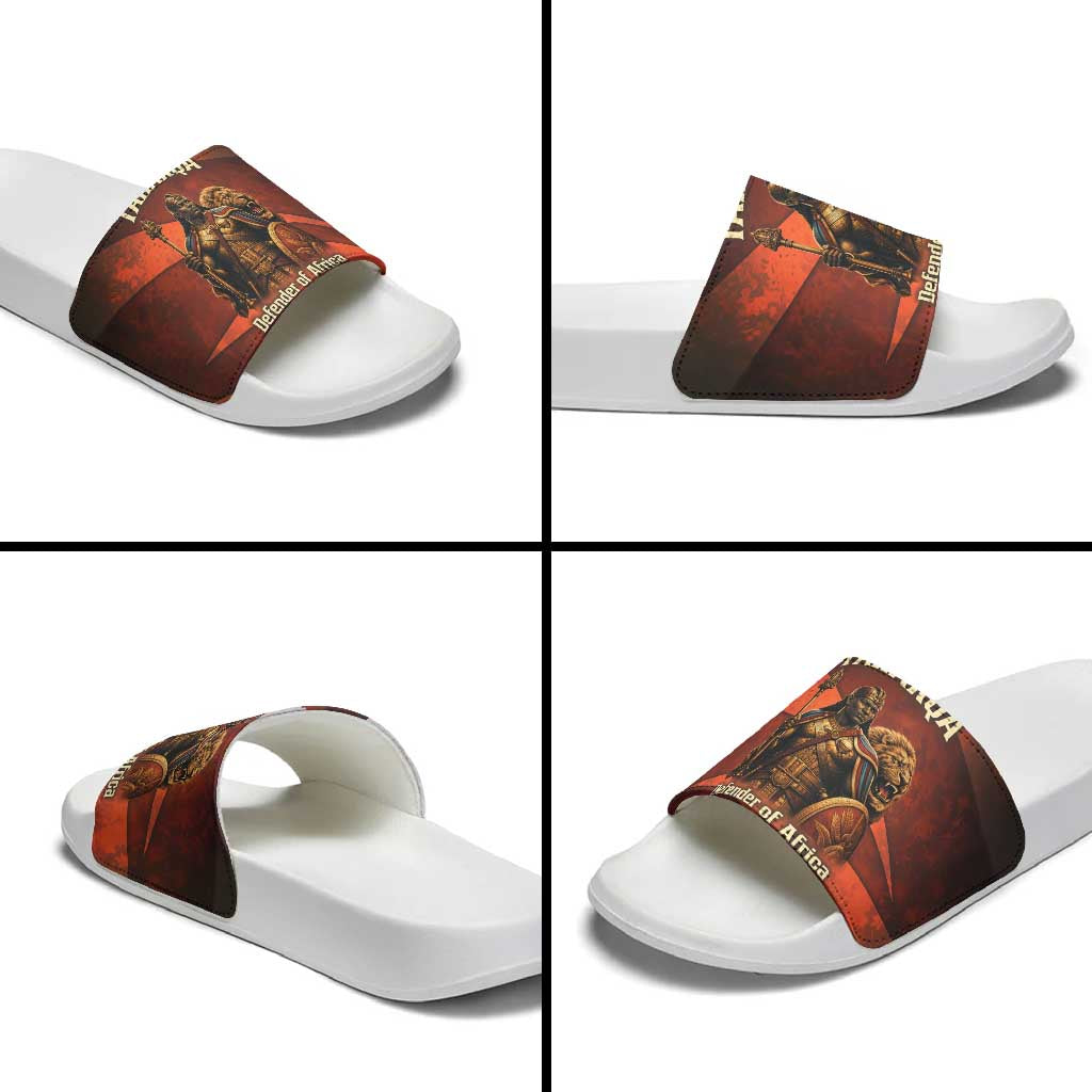 Taharqa Slide Sandals with Warrior Portrait, Lion of Kush Title and Bold Red Defender of Africa - African Pride