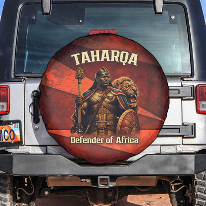 Taharqa Spare Tire Cover with Warrior Portrait, Lion of Kush Title and Bold Red Defender of Africa - African Pride