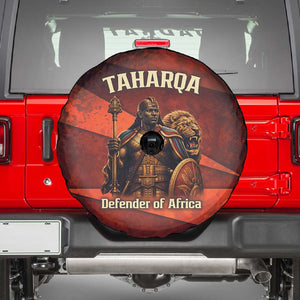 Taharqa Spare Tire Cover with Warrior Portrait, Lion of Kush Title and Bold Red Defender of Africa - African Pride