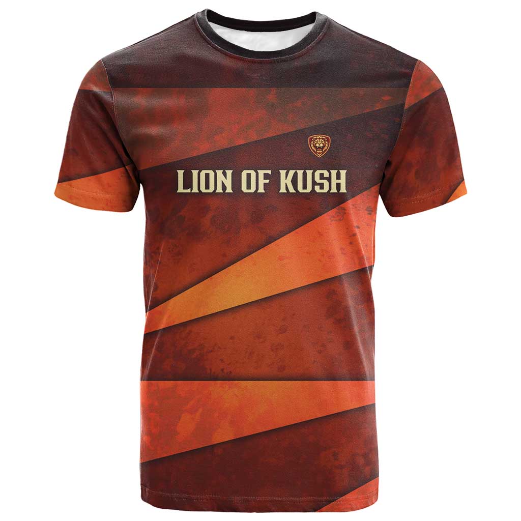 Taharqa T shirt with Warrior Portrait, Lion of Kush Title and Bold Red Defender of Africa - African Pride