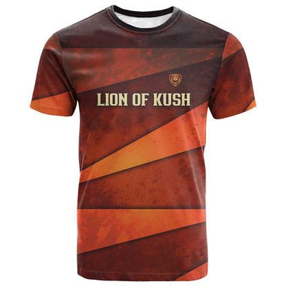 Taharqa T shirt with Warrior Portrait, Lion of Kush Title and Bold Red Defender of Africa - African Pride