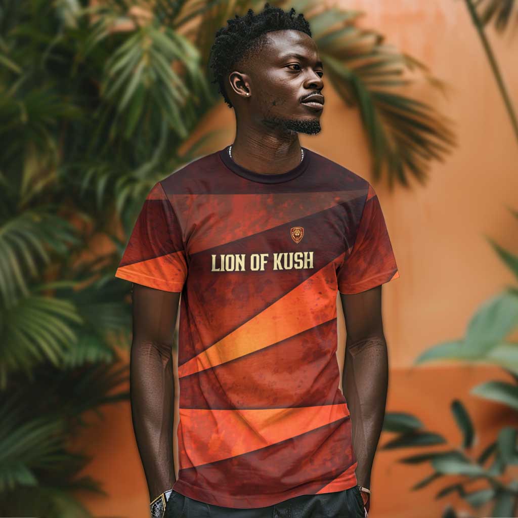 Taharqa T shirt with Warrior Portrait, Lion of Kush Title and Bold Red Defender of Africa - African Pride