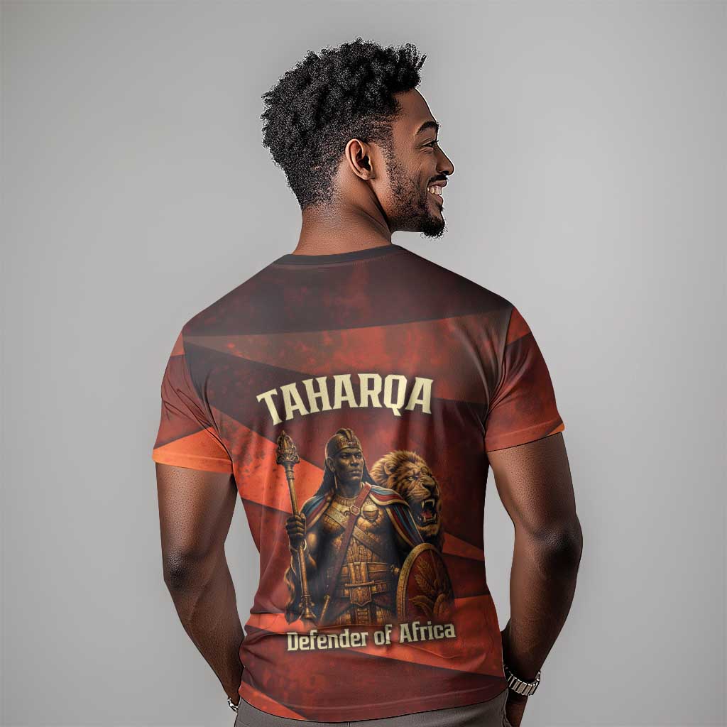 Taharqa T shirt with Warrior Portrait, Lion of Kush Title and Bold Red Defender of Africa - African Pride