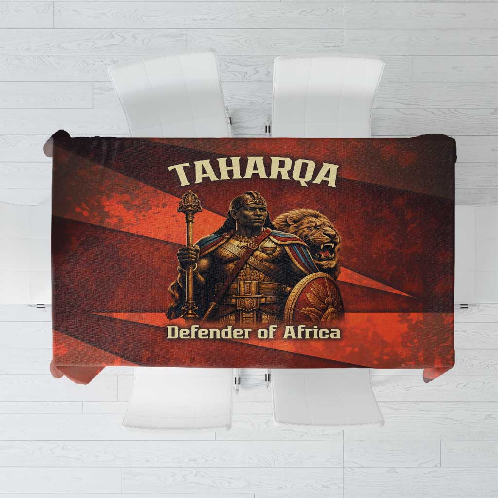 Taharqa Tablecloth with Warrior Portrait, Lion of Kush Title and Bold Red Defender of Africa - African Pride