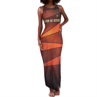 Taharqa Tank Maxi Dress with Warrior Portrait, Lion of Kush Title and Bold Red Defender of Africa - African Pride
