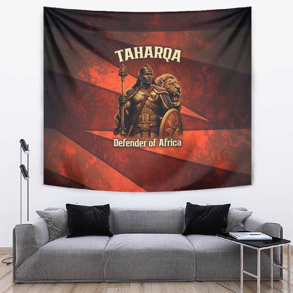 Taharqa Tapestry with Warrior Portrait, Lion of Kush Title and Bold Red Defender of Africa - African Pride