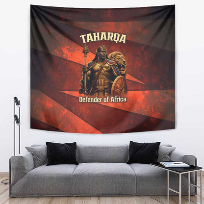 Taharqa Tapestry with Warrior Portrait, Lion of Kush Title and Bold Red Defender of Africa - African Pride