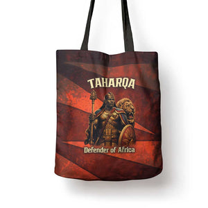 Taharqa Tote Bag with Warrior Portrait, Lion of Kush Title and Bold Red Defender of Africa - African Pride