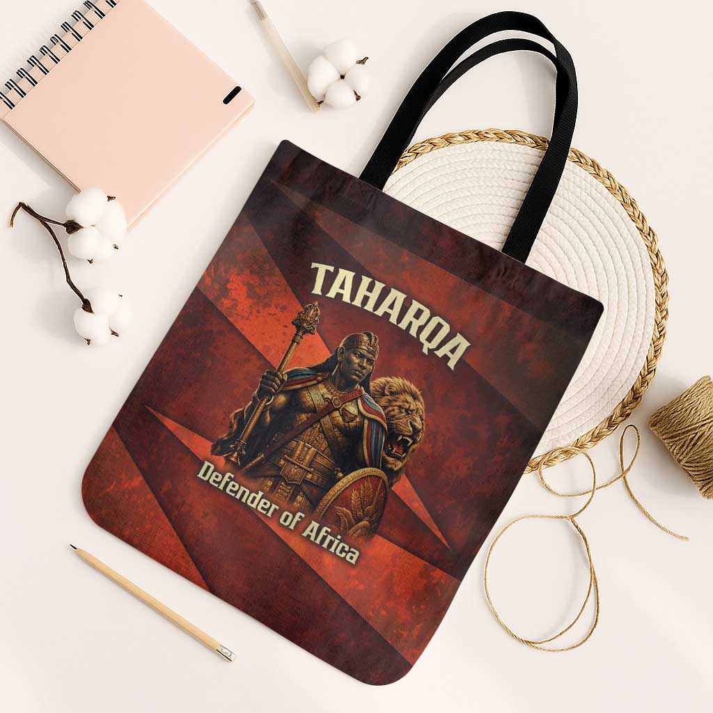 Taharqa Tote Bag with Warrior Portrait, Lion of Kush Title and Bold Red Defender of Africa - African Pride