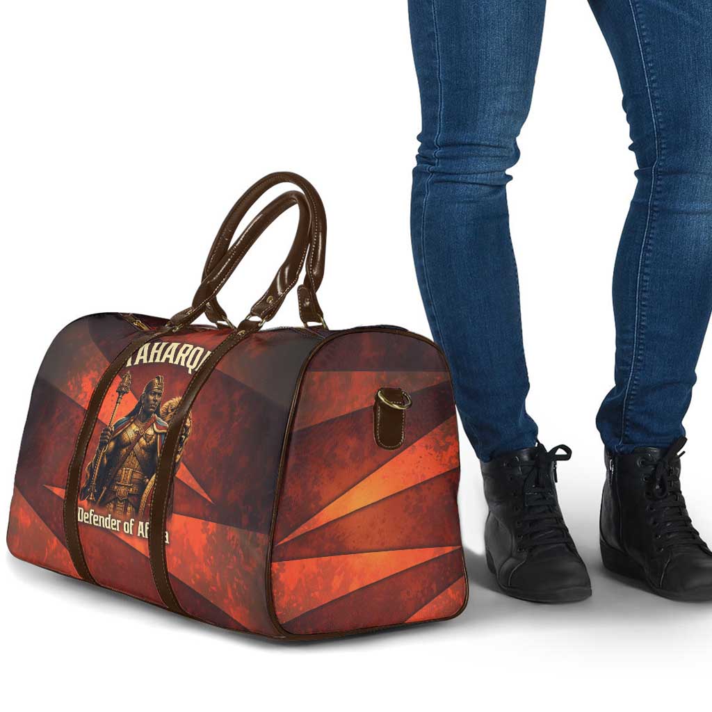 Taharqa Travel Bag with Warrior Portrait, Lion of Kush Title and Bold Red Defender of Africa - African Pride