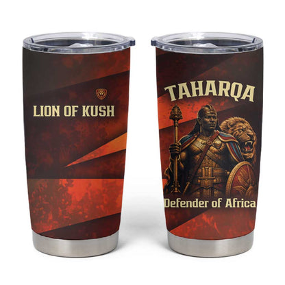 Taharqa Tumbler Cup with Warrior Portrait, Lion of Kush Title and Bold Red Defender of Africa - African Pride