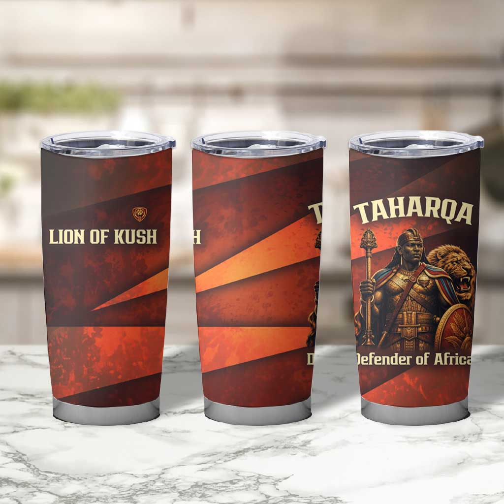 Taharqa Tumbler Cup with Warrior Portrait, Lion of Kush Title and Bold Red Defender of Africa - African Pride