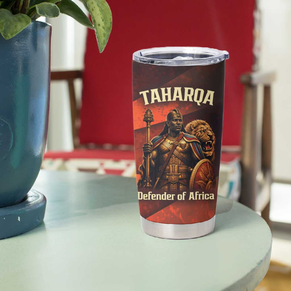 Taharqa Tumbler Cup with Warrior Portrait, Lion of Kush Title and Bold Red Defender of Africa - African Pride