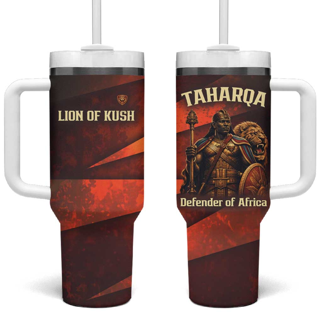 Taharqa Tumbler With Handle with Warrior Portrait, Lion of Kush Title and Bold Red Defender of Africa - African Pride