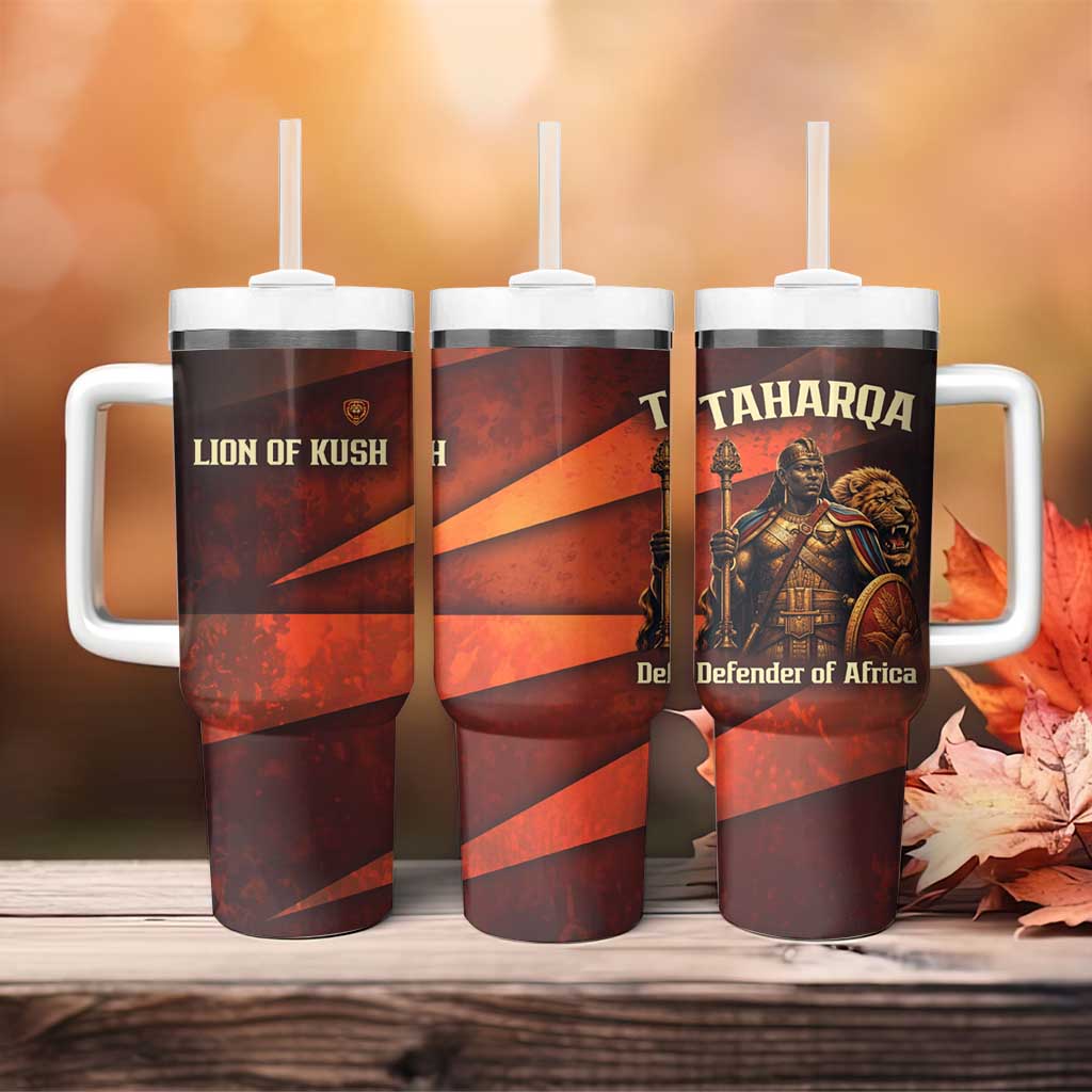 Taharqa Tumbler With Handle with Warrior Portrait, Lion of Kush Title and Bold Red Defender of Africa - African Pride