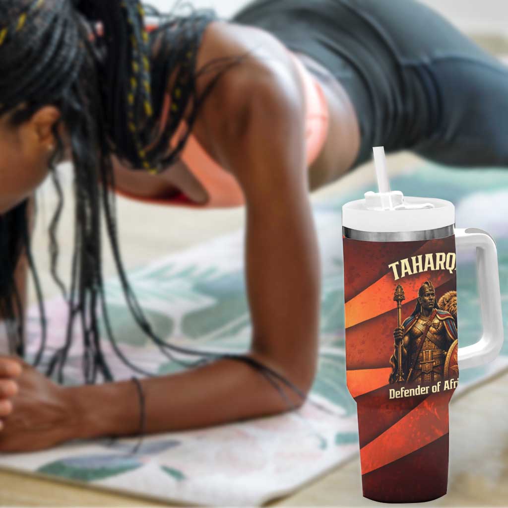 Taharqa Tumbler With Handle with Warrior Portrait, Lion of Kush Title and Bold Red Defender of Africa - African Pride
