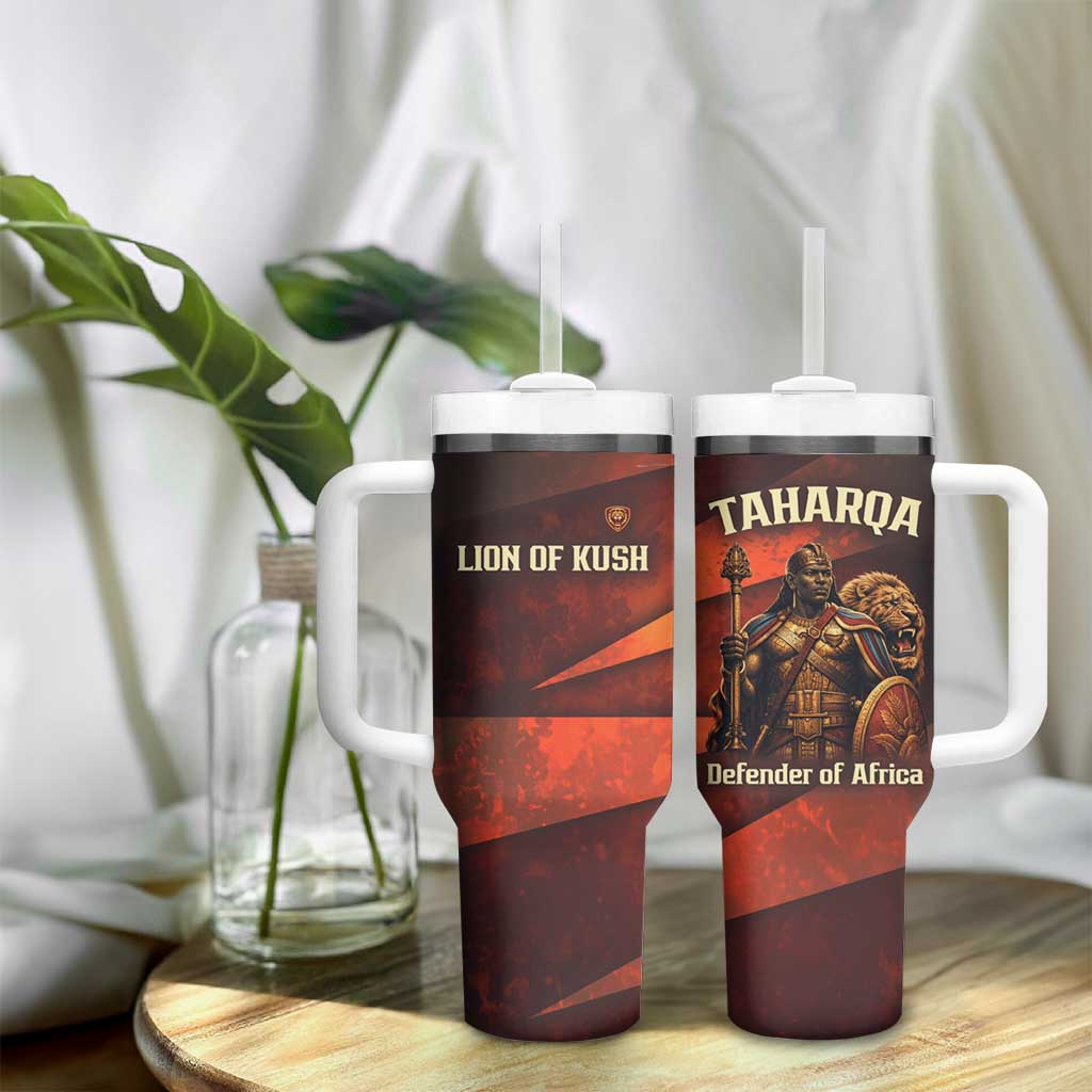 Taharqa Tumbler With Handle with Warrior Portrait, Lion of Kush Title and Bold Red Defender of Africa - African Pride