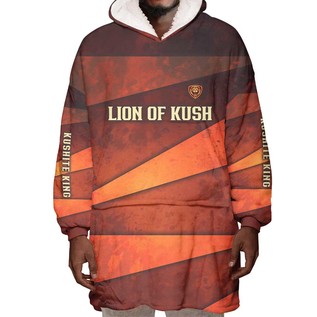 Taharqa Wearable Blanket Hoodie with Warrior Portrait, Lion of Kush Title and Bold Red Defender of Africa - African Pride