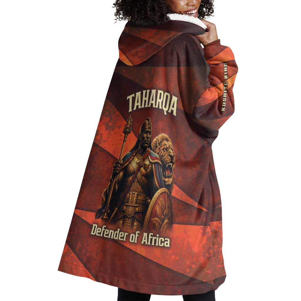 Taharqa Wearable Blanket Hoodie with Warrior Portrait, Lion of Kush Title and Bold Red Defender of Africa - African Pride