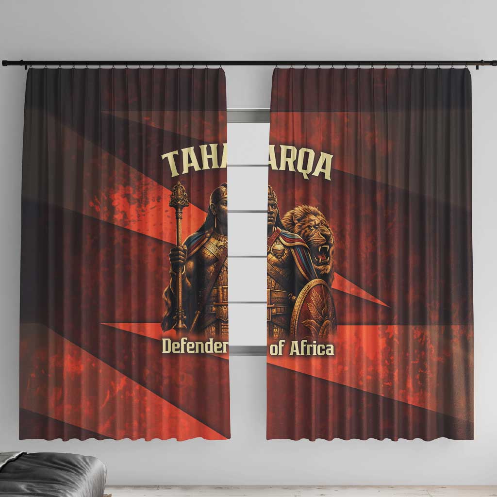 Taharqa Window Curtain with Warrior Portrait, Lion of Kush Title and Bold Red Defender of Africa - African Pride