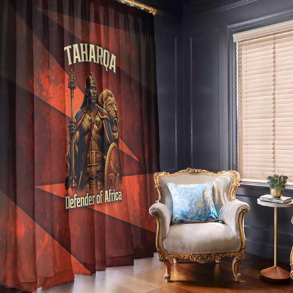 Taharqa Window Curtain with Warrior Portrait, Lion of Kush Title and Bold Red Defender of Africa - African Pride