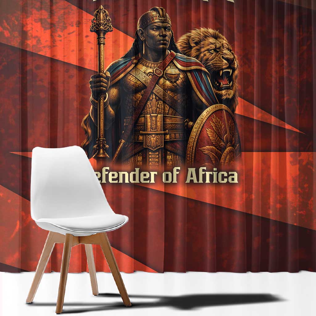Taharqa Window Curtain with Warrior Portrait, Lion of Kush Title and Bold Red Defender of Africa - African Pride
