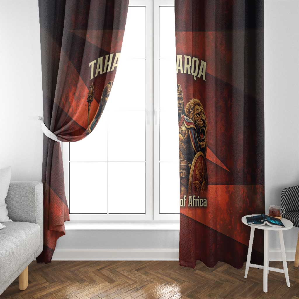 Taharqa Window Curtain with Warrior Portrait, Lion of Kush Title and Bold Red Defender of Africa - African Pride