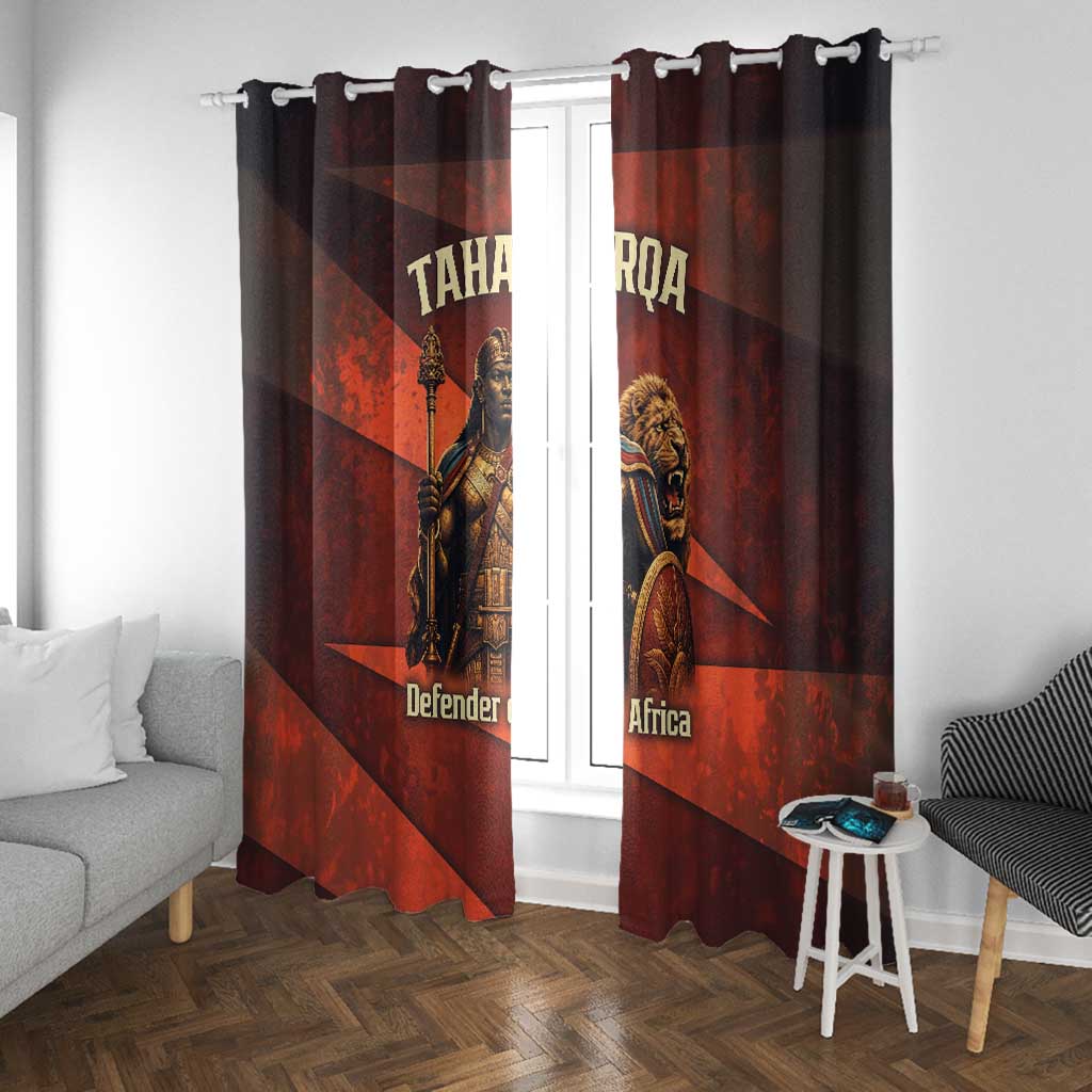 Taharqa Window Curtain with Warrior Portrait, Lion of Kush Title and Bold Red Defender of Africa - African Pride