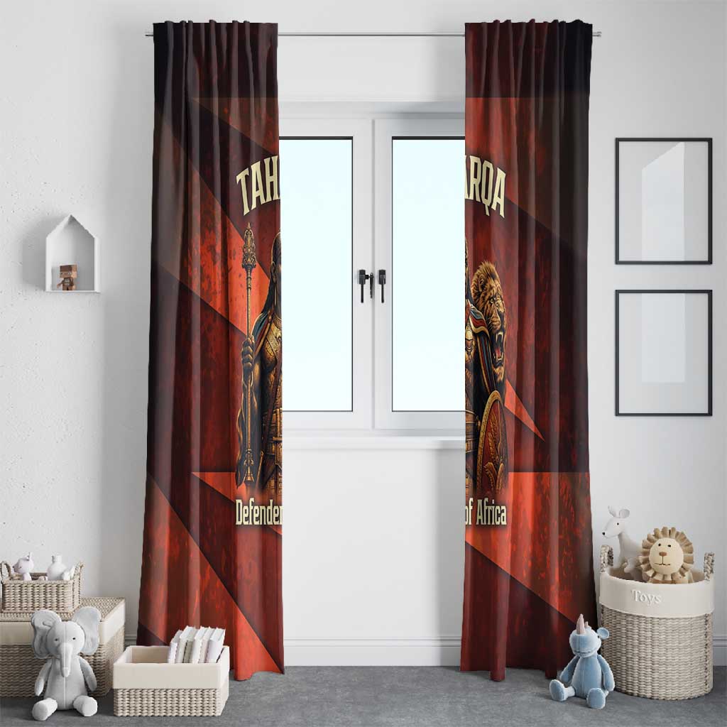 Taharqa Window Curtain with Warrior Portrait, Lion of Kush Title and Bold Red Defender of Africa - African Pride