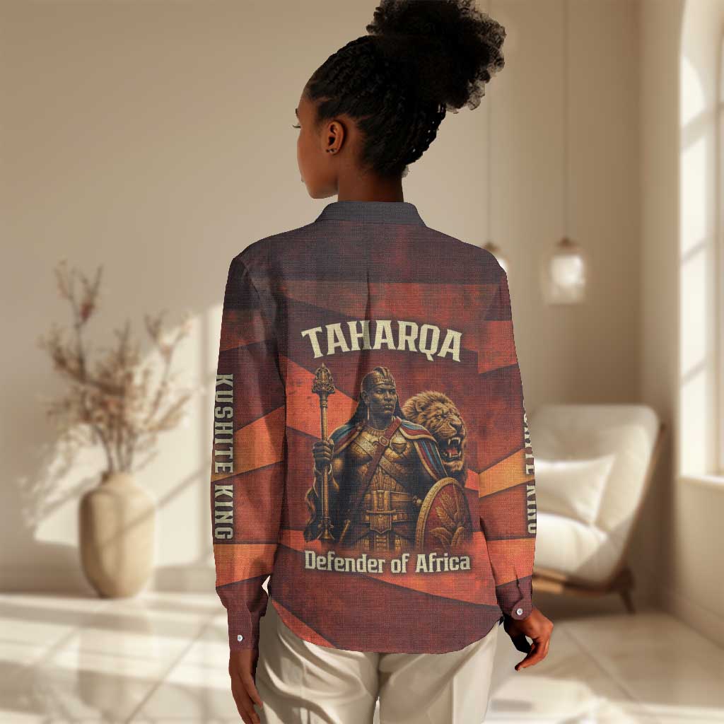 Taharqa Women Casual Shirt with Warrior Portrait, Lion of Kush Title and Bold Red Defender of Africa - African Pride