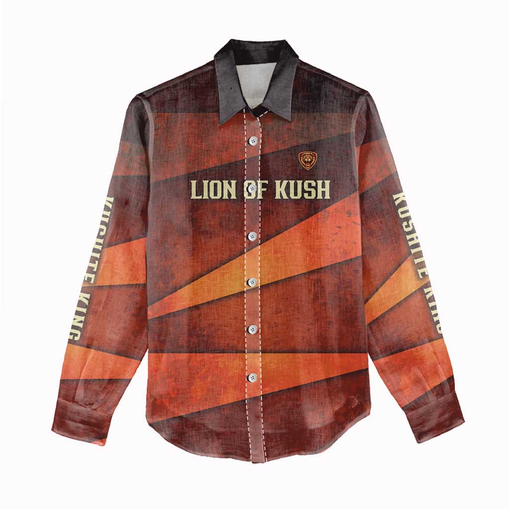 Taharqa Women Casual Shirt with Warrior Portrait, Lion of Kush Title and Bold Red Defender of Africa - African Pride