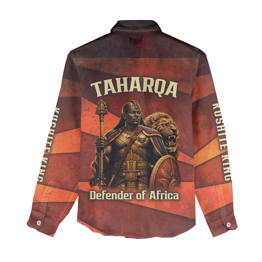 Taharqa Women Casual Shirt with Warrior Portrait, Lion of Kush Title and Bold Red Defender of Africa - African Pride