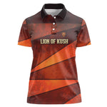 Taharqa Women Polo Shirt with Warrior Portrait, Lion of Kush Title and Bold Red Defender of Africa - African Pride