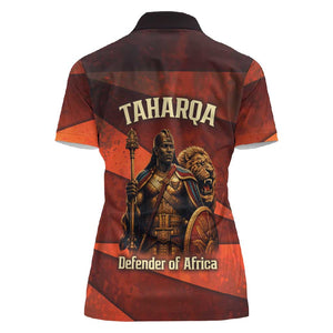 Taharqa Women Polo Shirt with Warrior Portrait, Lion of Kush Title and Bold Red Defender of Africa - African Pride