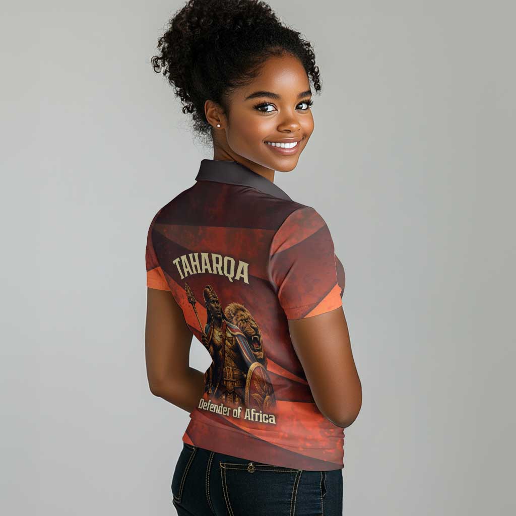 Taharqa Women Polo Shirt with Warrior Portrait, Lion of Kush Title and Bold Red Defender of Africa - African Pride